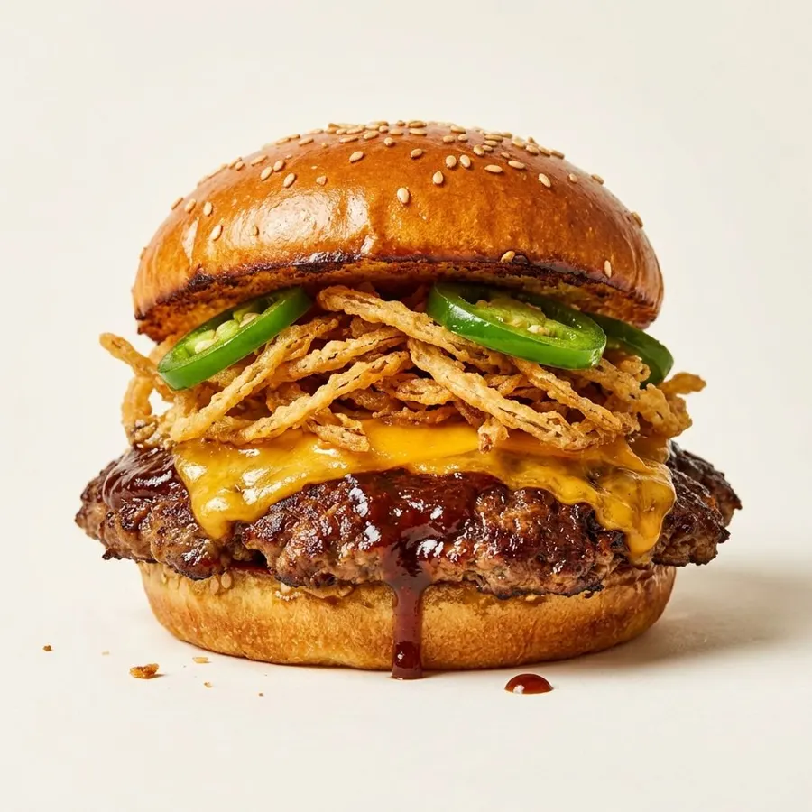 BBQ burger with crispy onion strings, jalapeños, cheddar and dripping glaze