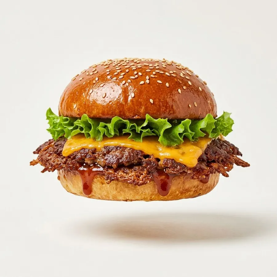 Smash burger with cheddar, lettuce and sauce on a sesame brioche bun