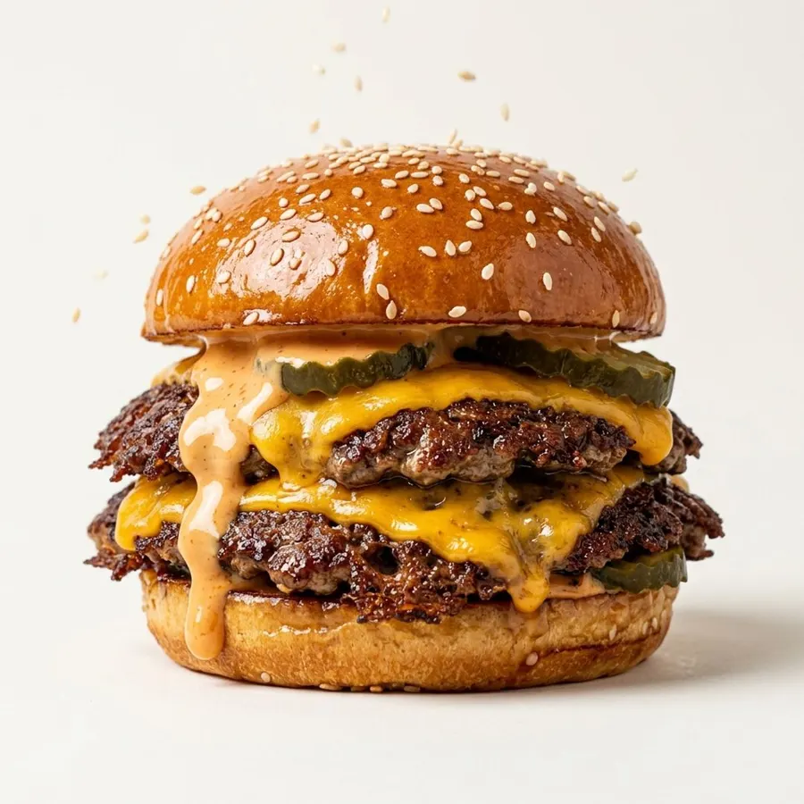 Double smash burger with two patties, melted cheddar, pickles and dripping sauce
