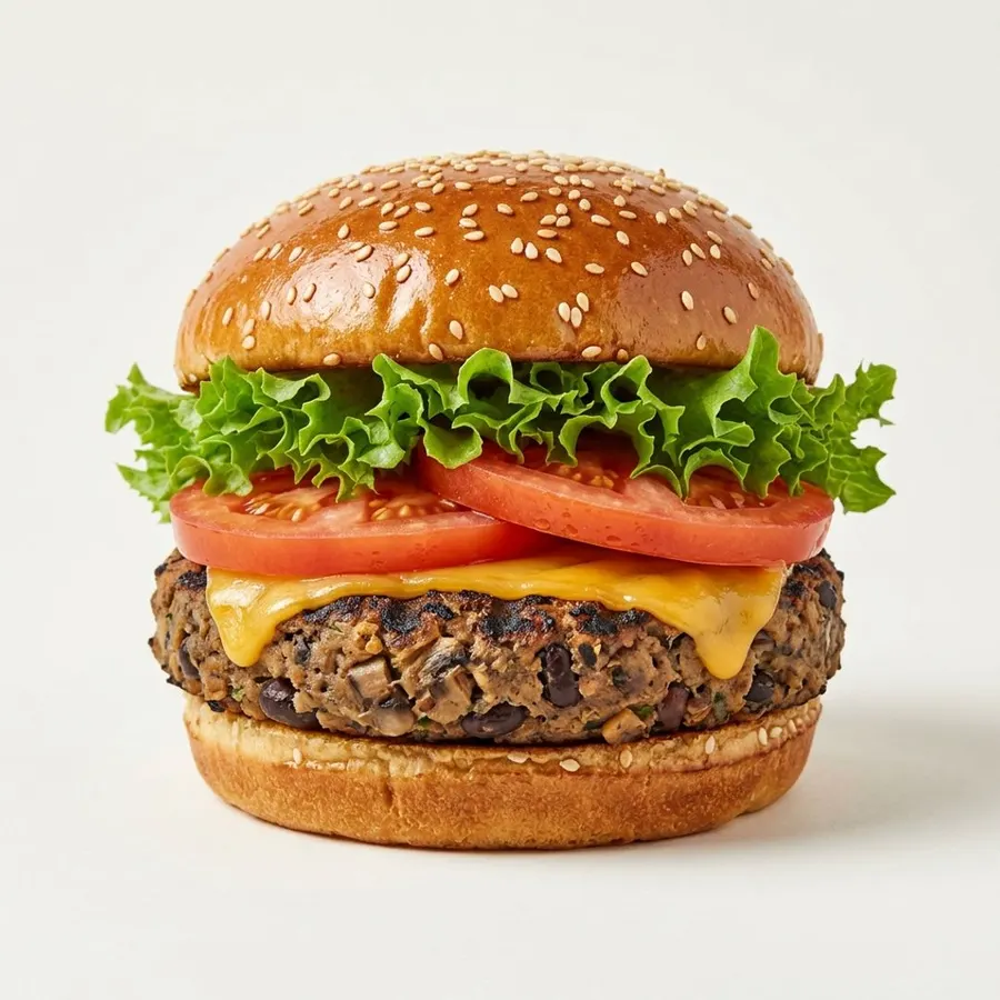 Vegetarian burger with a mushroom and black bean patty, cheddar, tomato and lettuce
